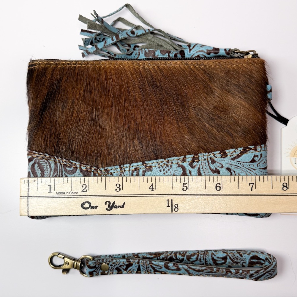 Turquoise Tooled Leather and Brown Hair-on Hide Wristlet Clutch - Picture 5 of 5